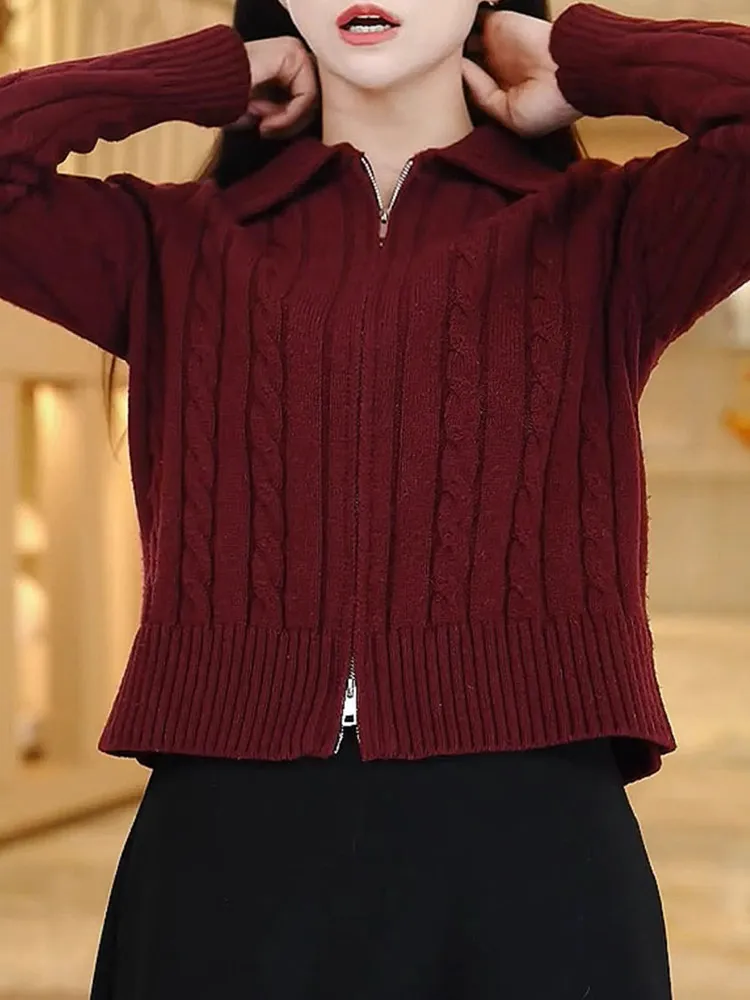 Double Zipper  Color Knitted Open Cardigan Casual Slimming Long Sve Leisurely Sle Women's Camere Sweater