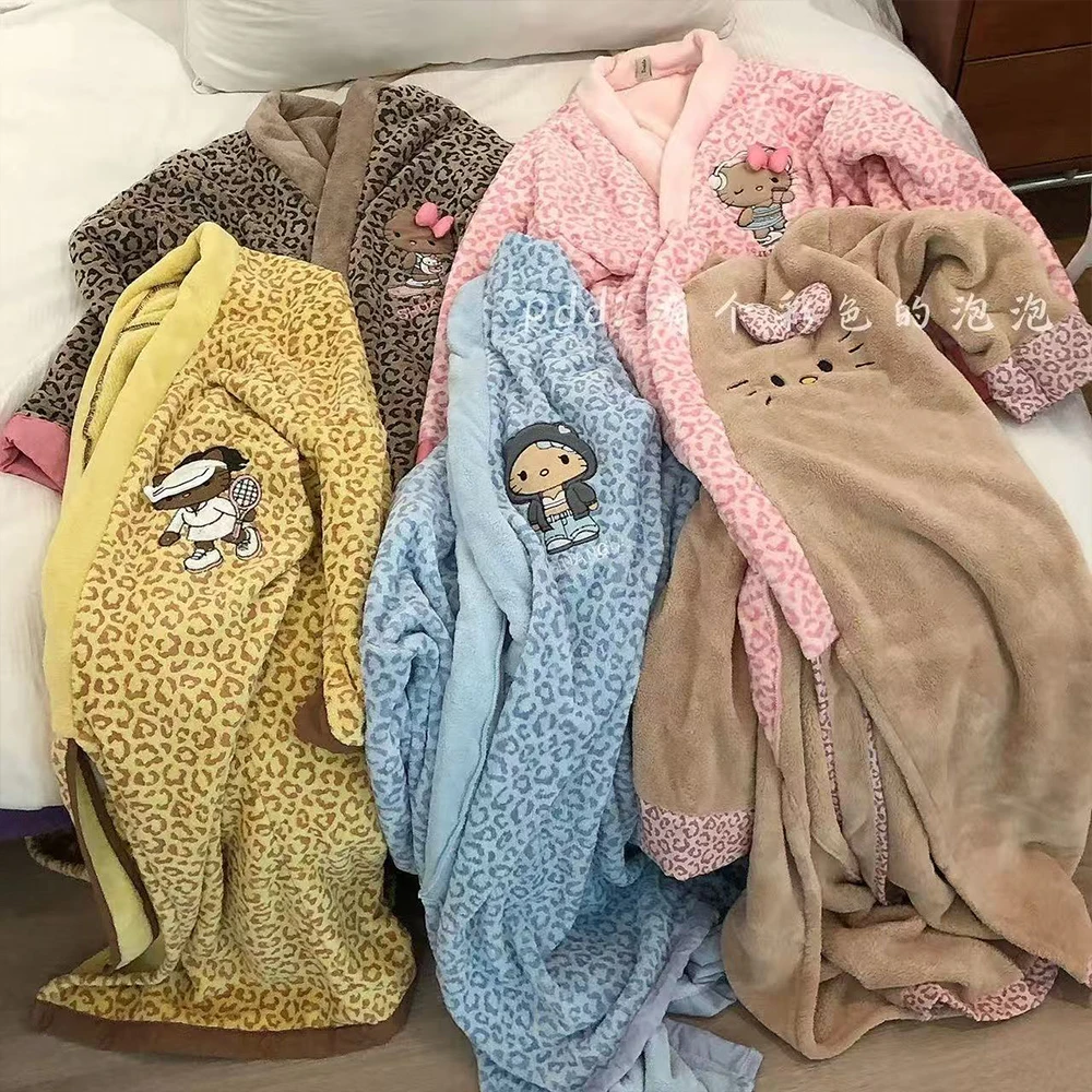Sanrio Hello Kitty-baño de baño para mujer, camisón de lana con estampado de leopardo, Y2K, bonito dibujo animado, informal, suave, de secado rápido, ropa para el hogar