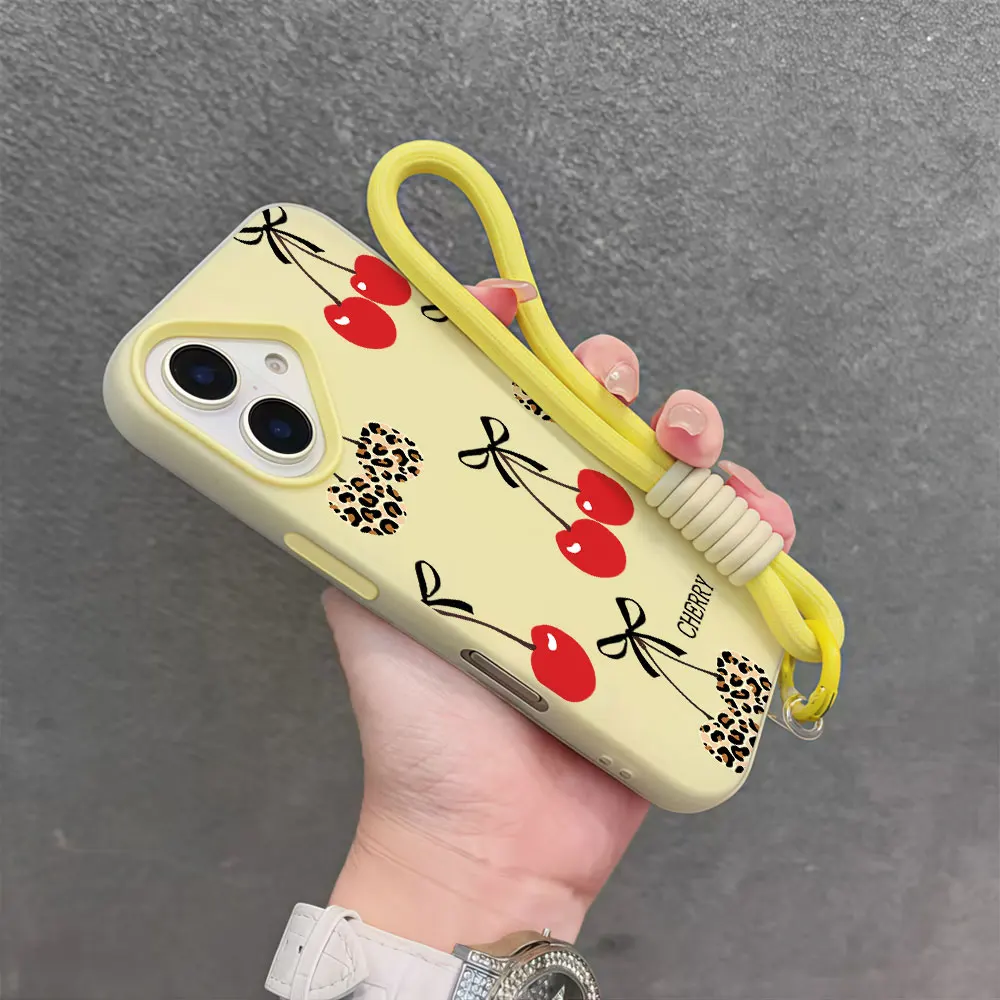 Leopard Cherry Bow Lanyard Phone Case For iPhone 17 16 13 12 11 15 14 Pro Max 14 16 7 15 8 Plus XR SE XS Case Wrist Strap Cover