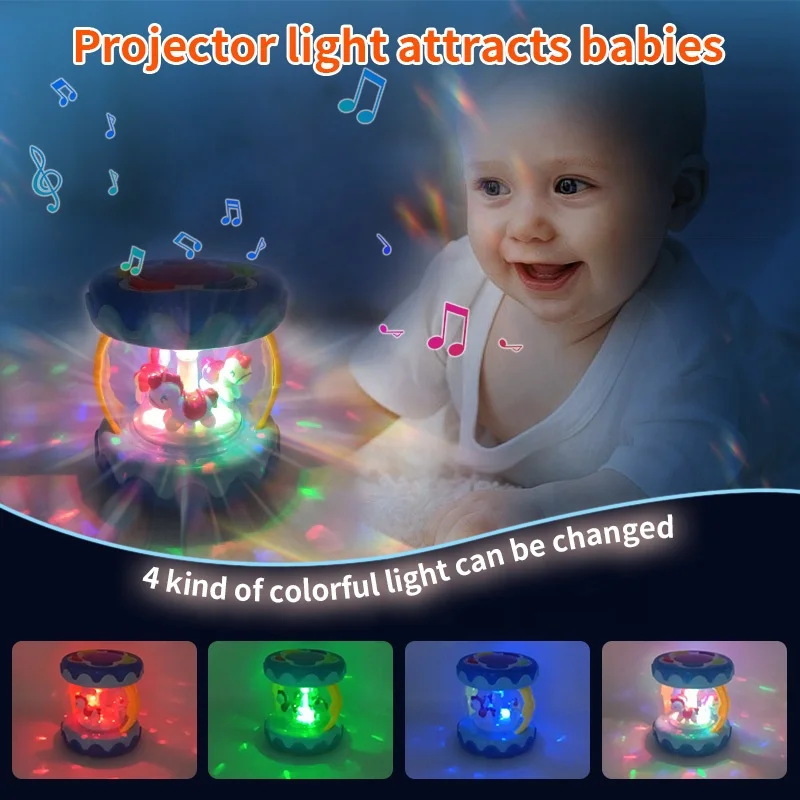Tamburo musicale illuminato rotante Tummy Time da 6 a 12 mesi, giocattoli per strumenti musicali per bambini con luce musicale, giocattolo per tamburo per bambini