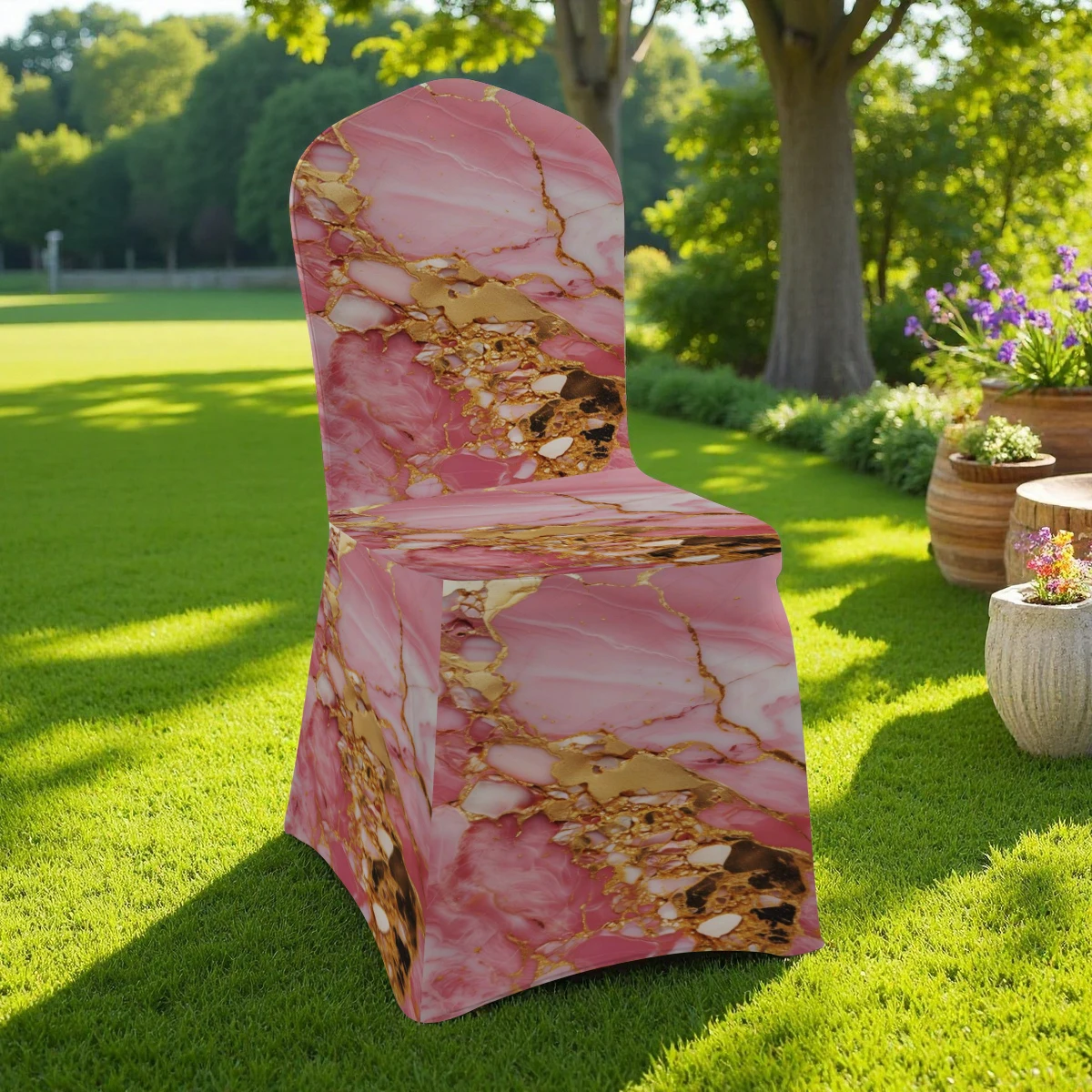 2D Elegant Pink Gold Marble Printed Stretch Chair Cover, Full Coverage Slipcover for Hotel/Home/Outdoor, Unive