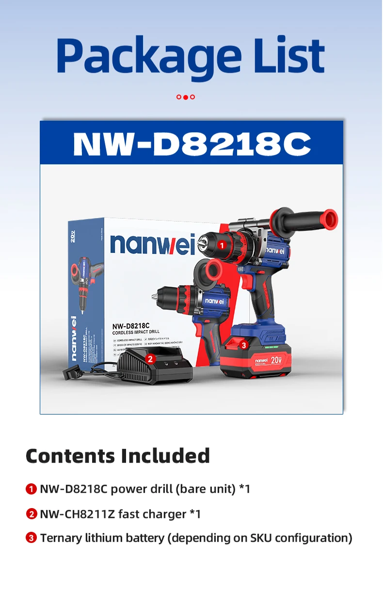 Brushless Cordless Impact Drill NANWEI Cordless 20v 13mm Ice Drill Power Tool 160NM High Torque