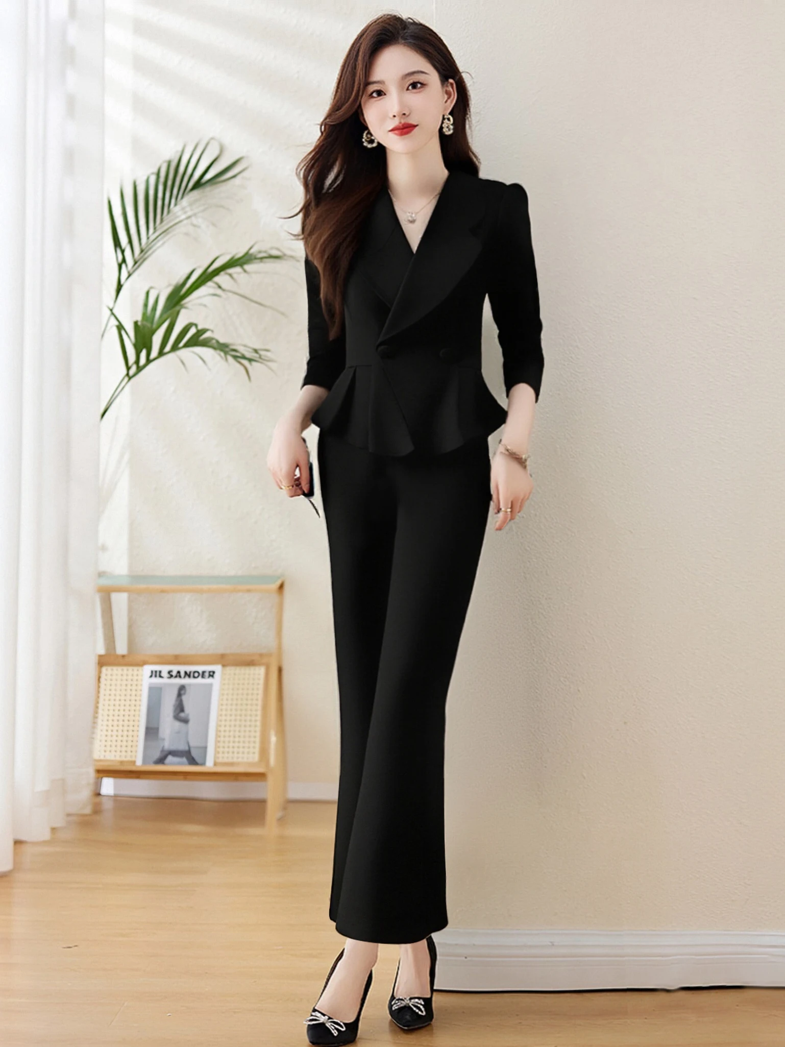 

Fashionable Slim Fit Two Piece Set Autumn New Arrival Goddess Style Long Sleeve V Neck High Waist Pants Polyester Fabric