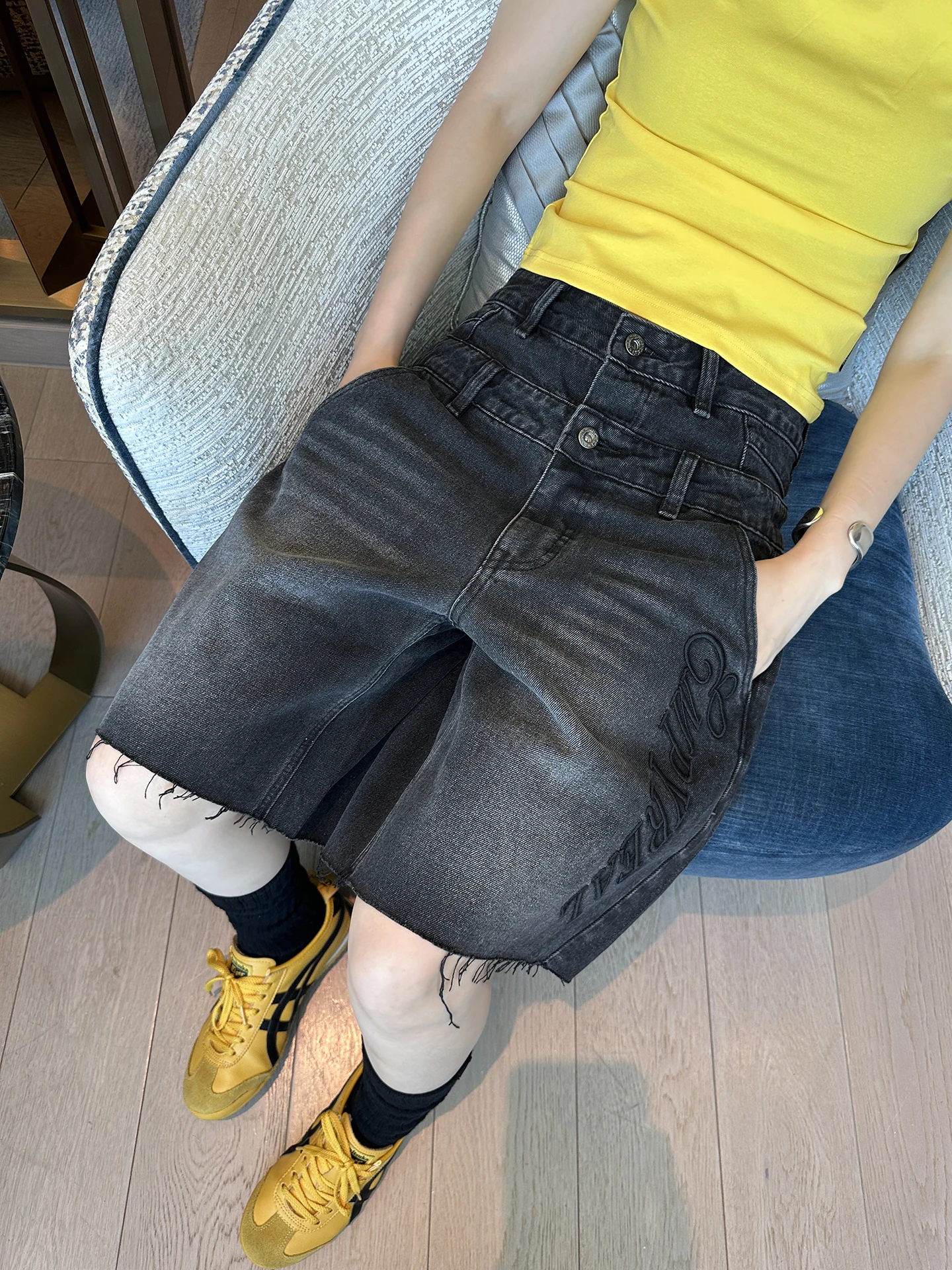 

Summer 2026 Women's Loose Wide Leg Jeans Shorts Double Waist Head Black Five-Point Retro American Style Casual Cotton Denim