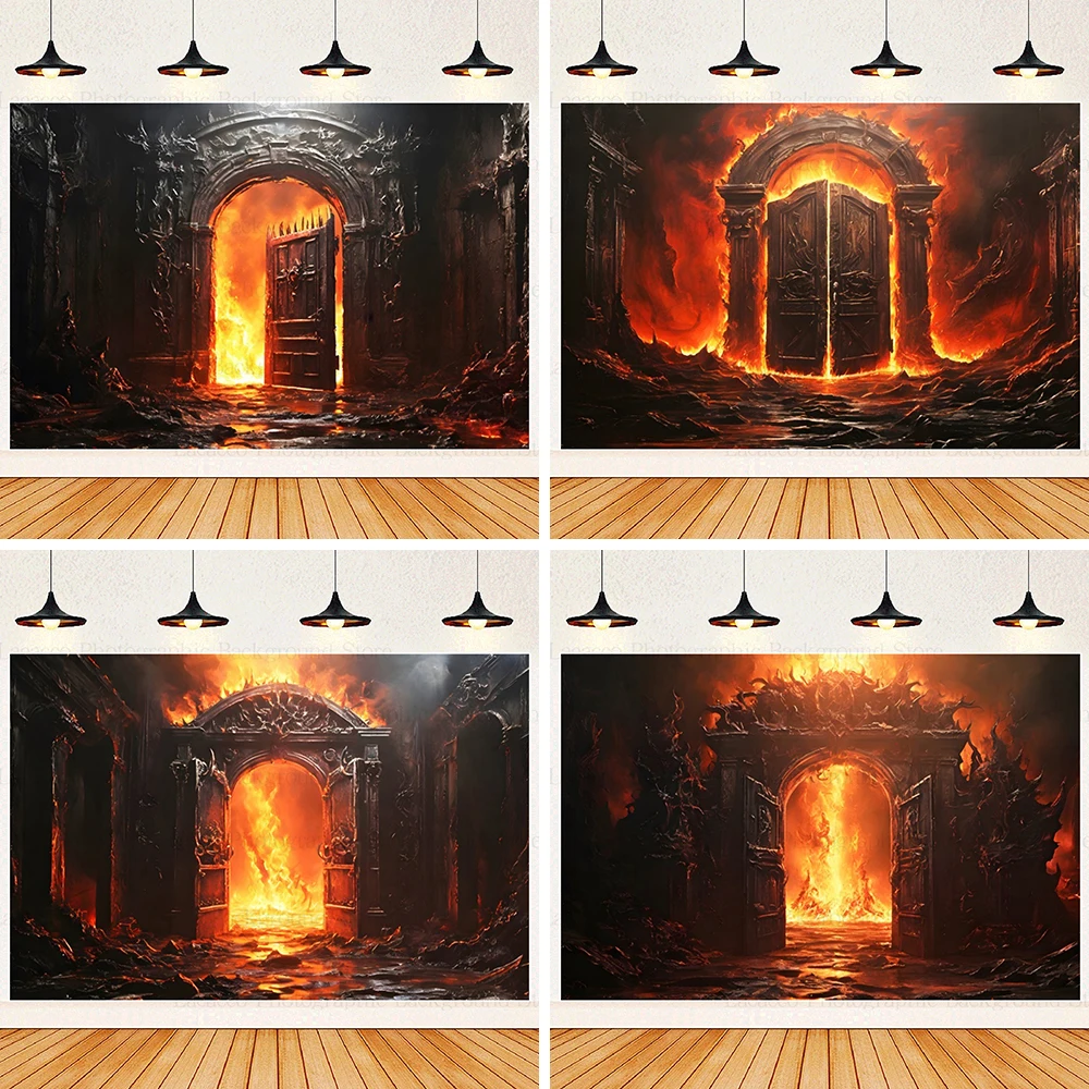 

Fire Blazing Halloween Photography Background Gothic Architecture Scary Stone Door Burning Hellfire Backdrop Photo Studio Props
