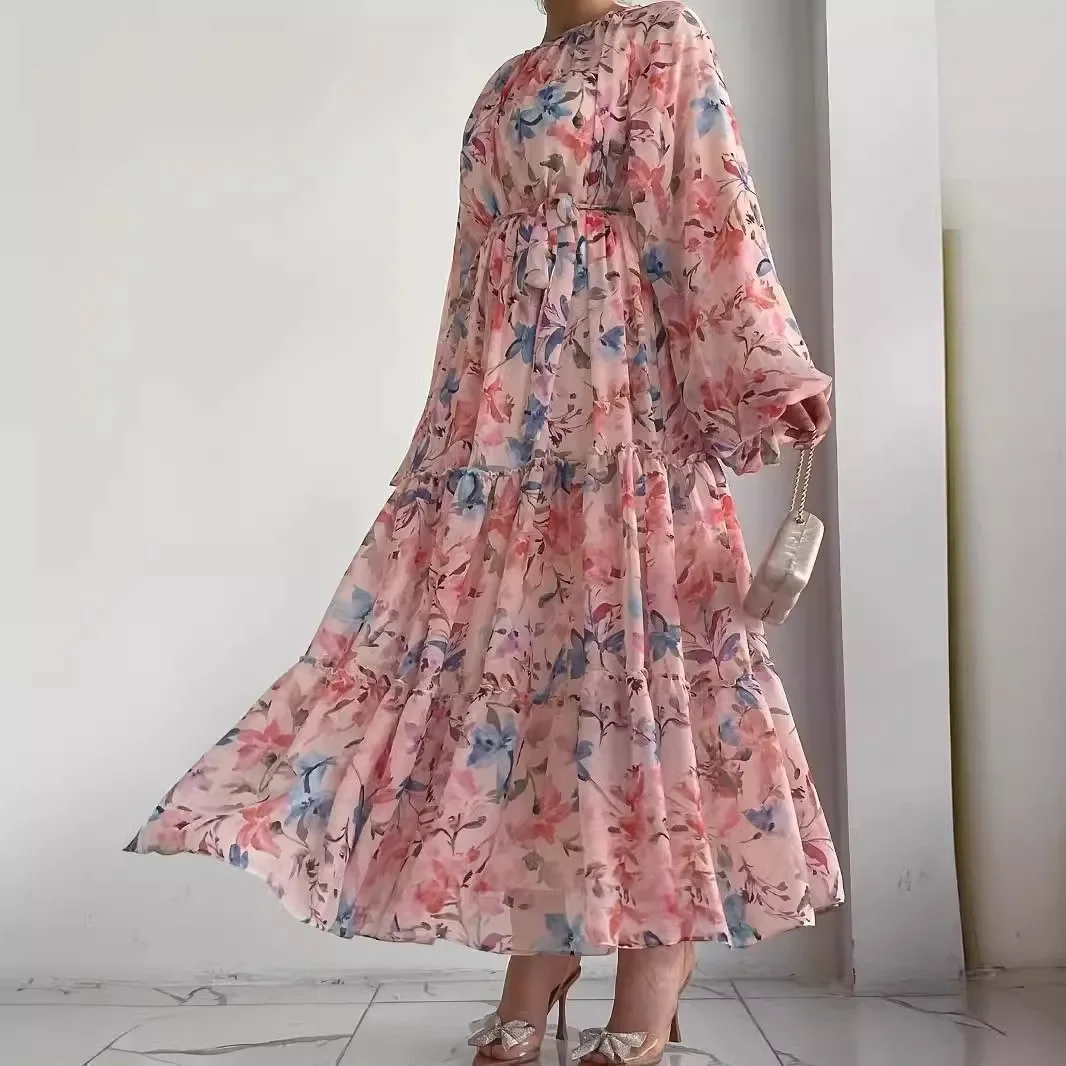 Moroccan Kaftan Abaya Women Long Robe Flower Print Dresses Sashes Eid Muslim Ramadan Dubai Saudi Jalabiya Abayas Islam Vestidos