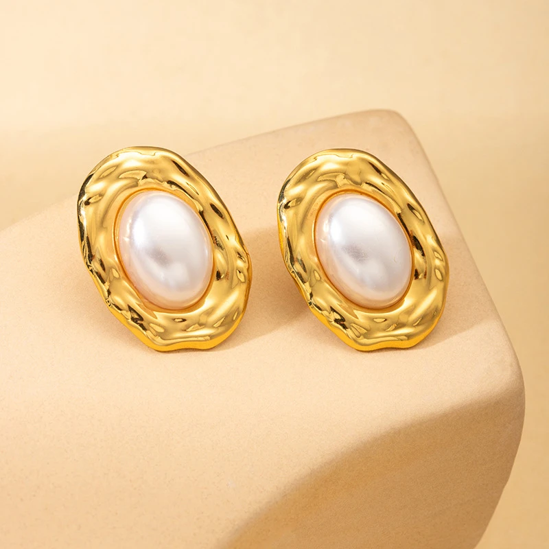 أقراط مرصعة بشكل بيضاوي غير منتظم للنساء ، فولاذ مقاوم للصدأ 316 لتر ، طراز فرنسي قديم ، لؤلؤ مُدمج ، مجوهرات راقية ، موضة جديدة ، #3