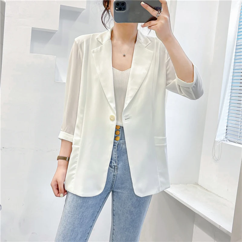 Blazer blanc décontracté à manches 3/4 pour femmes, blazer fin, manteau monochrome, coupe couvertes, version coréenne, mode printemps et été, nouveau, 2023