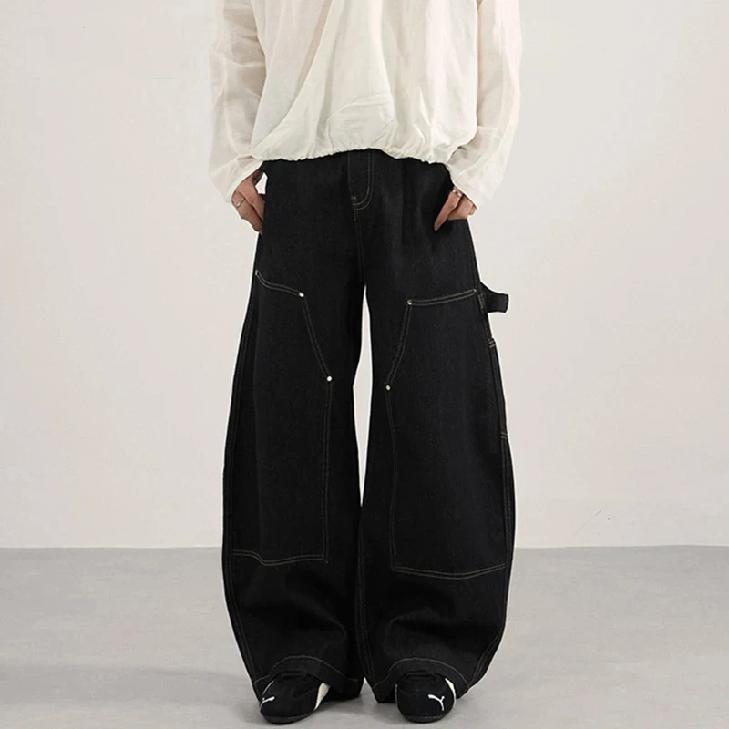 

Simple Men's Denim Jeans Solid Color Patchwork Casual Ribbon Design Curved-knife Jeans All-match Male Trousers Tide