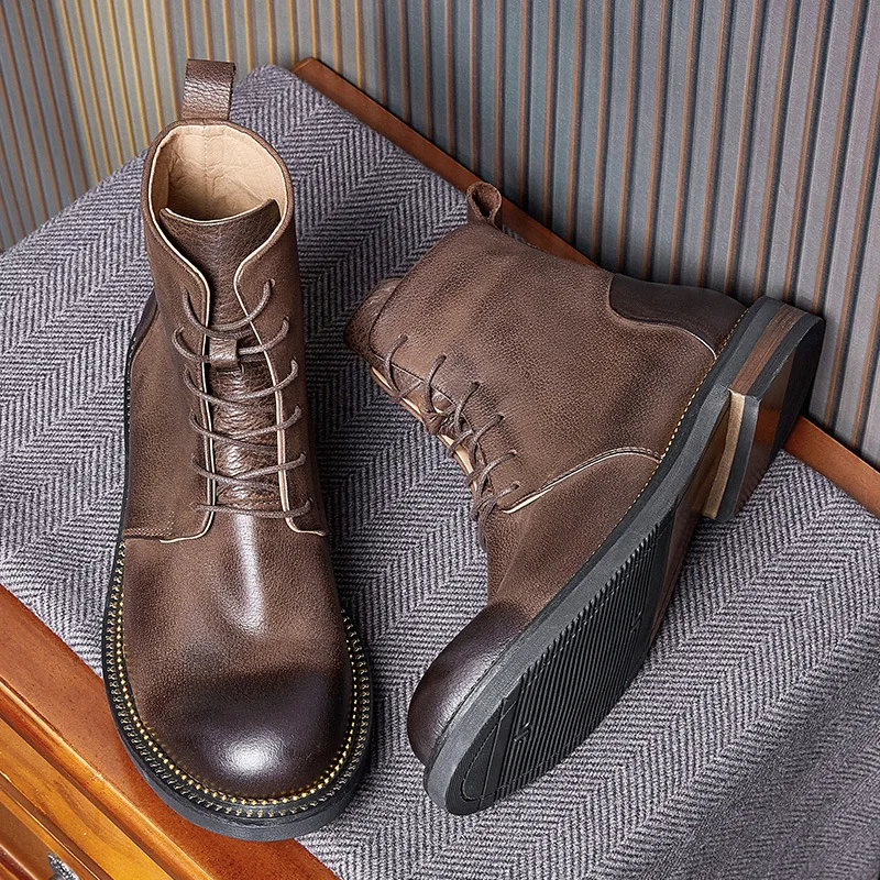 Premium Fleece Lined Mid-Calf Boots, British Vintage Handcrafted Motorcycle Boots, Genuine Leather Round Toe Winter Footwear