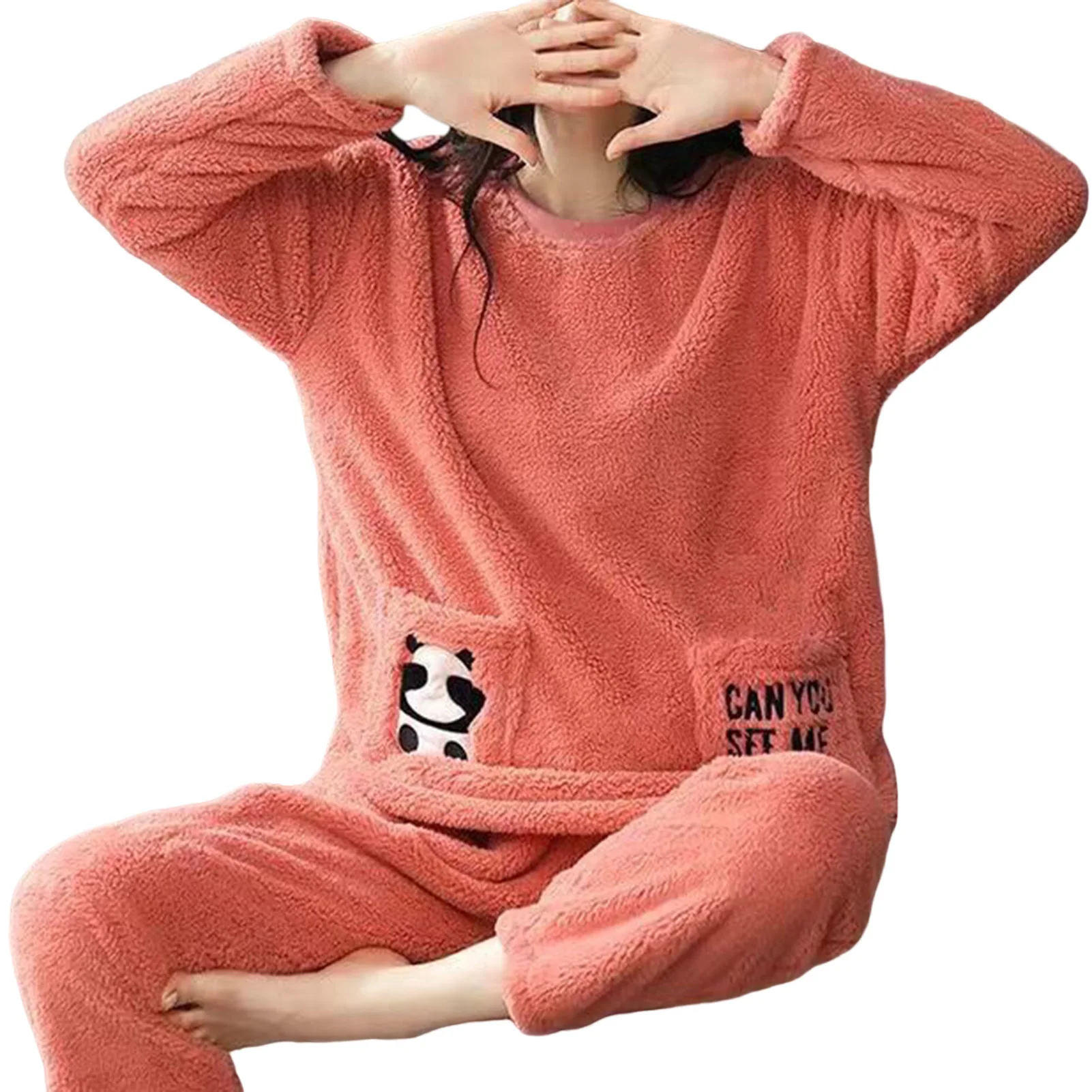 Set pigiama Fuzzy da donna carino stampato a maniche lunghe da notte Top e pantaloni adatti per l'autunno invernale