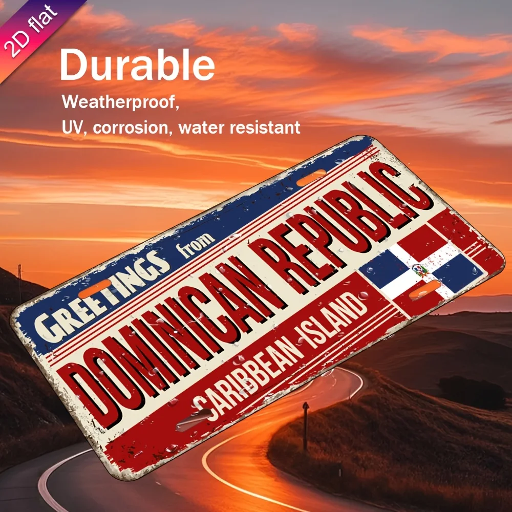 Aluminum License Plate Wall Decor - UV Printed  Metal Sign  Dominican Republic Caribbean Island Design with Flag & Sunset Art, I