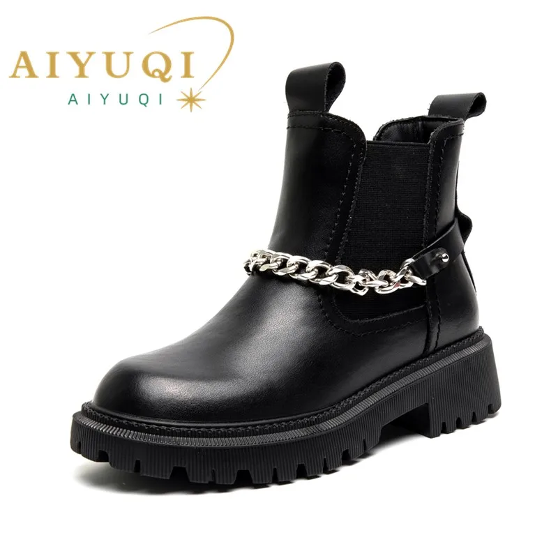 AIYUQI Boots Women Winter Genuine Leather Large Size 41 42 Fur Women Ankle Boots Fashion British Style Women Chelsea  boots