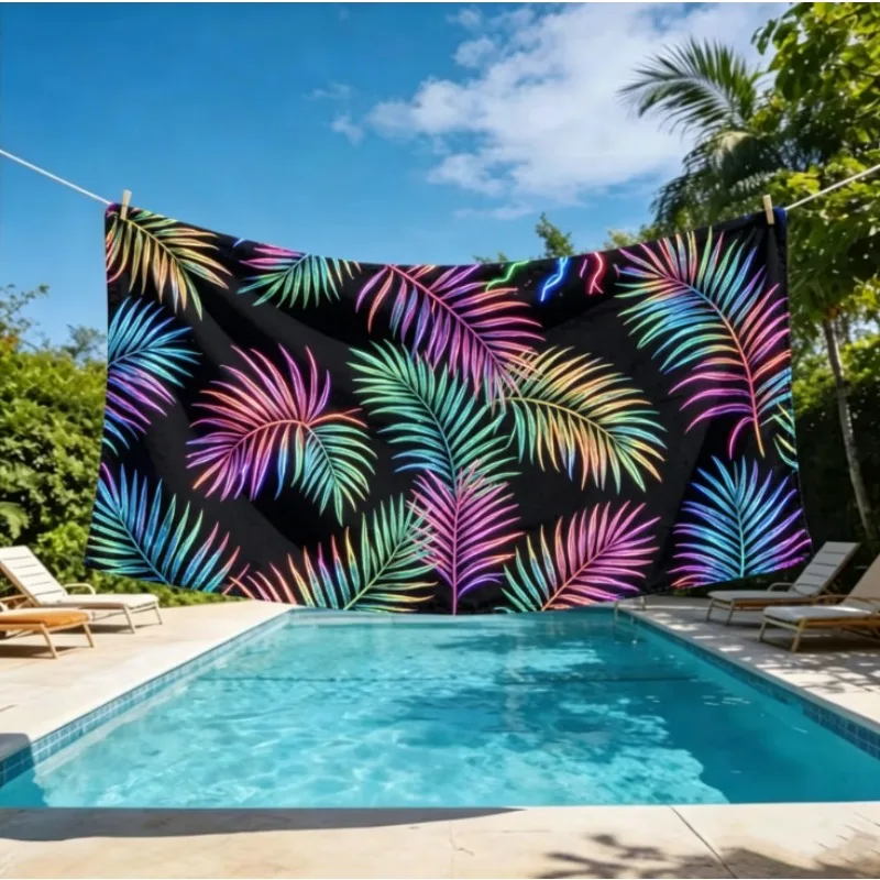 Oversized Microfiber Beach Towel, Neon Lightning Star Print, Quick Dry Sand Free for Summer