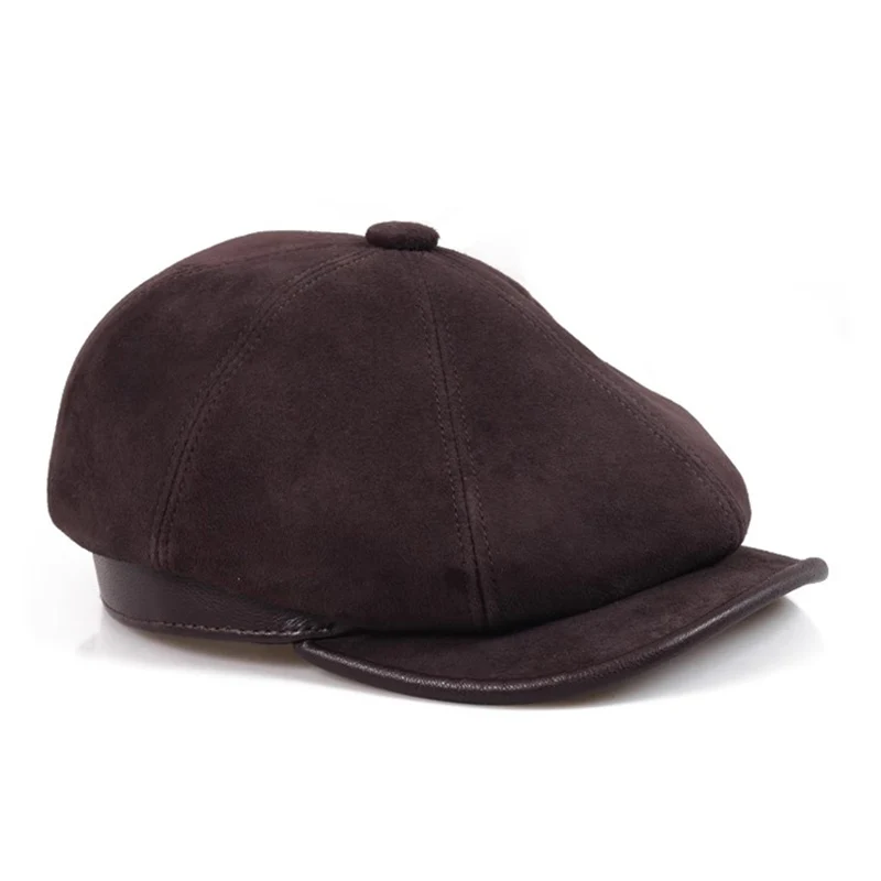 

Newsboy Cap Men Fashion 2024 Brown Genuine Leather Octagonal Hat Cowskin Autumn Winter British Style Mens Beret