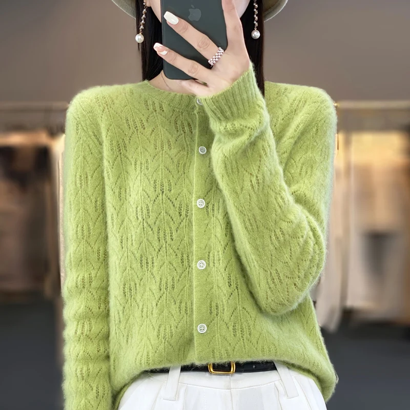 Spring and summer new 100% pure wool cardigan female leaves hollow knitting thin cardigan sweater fashion top.