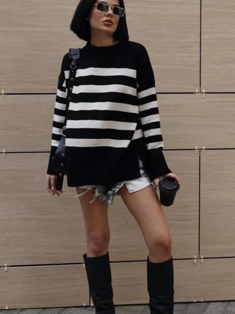 

Fashion Clothing Women's Winter Autumn Tops Knit Sweater Striped Round Collar Pullover Long Sleeve Casual Design Vintage Niche