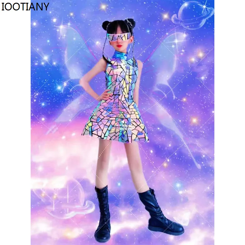 Kids Purple Blue Mirror Jazz Dance Dress Girl Dinner Birthday Outfit Shiny Dancer Singer Stage Catwalk Costume Carnival Dress Up