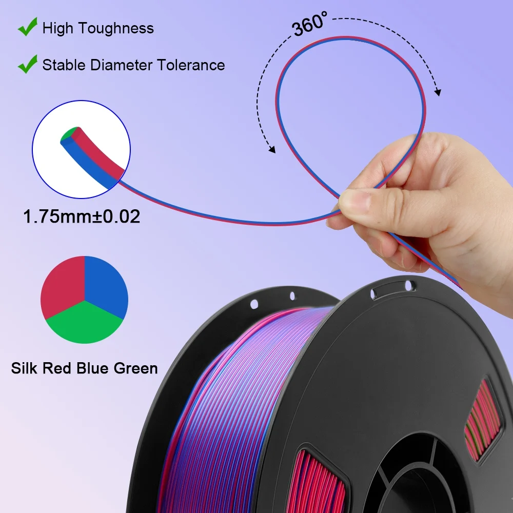 Nexaforge 5KG Tricolor Silk PLA 3D Printer Filament 1.75mm 1kg/spool 3D Printing Material, Color Change by Angle PLA Silk Rainbow, 5 Roll