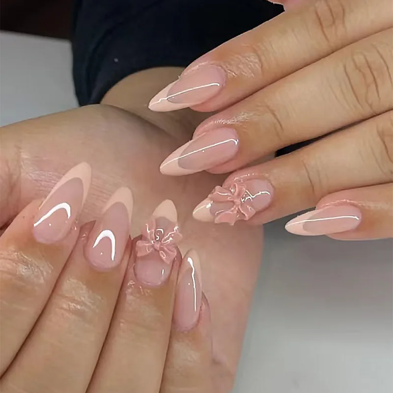 

24Pcs Pink Almond French Press-On Nails with 3D Bow Elegant Adorned Full Cover Fake Nail Tips for Women&Girls Daily Beauty Wear