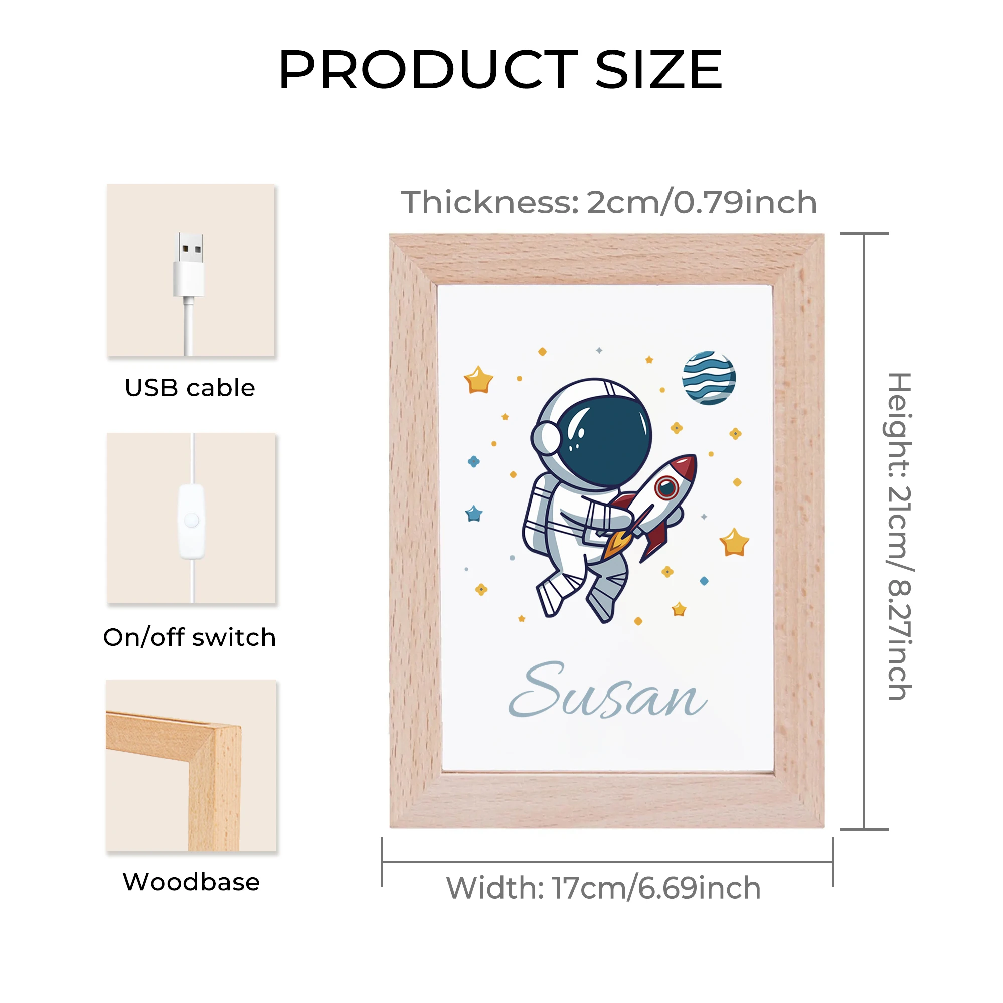 Nome personalizado astronauta foguete led acrílico luz noturna moldura de madeira 21x17cm dos desenhos animados crianças quarto presentes decoração para casa presente