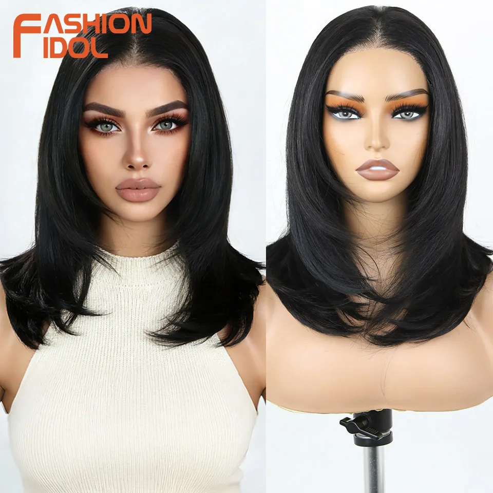 FASHION IDOL 16 Inch 13x3 Lace Front Wigs Synthetic Straight Hair Layered Ombre Brown Free Part Pre-Plucked Bob Wigs for Women image 3