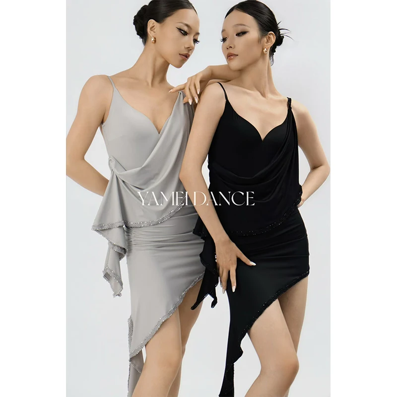 

2026 Latin Dance Performance Clothes Backless Gray Black Tops Irregular Skirt Rumba Tango Dance Dress Practice Competition Dress