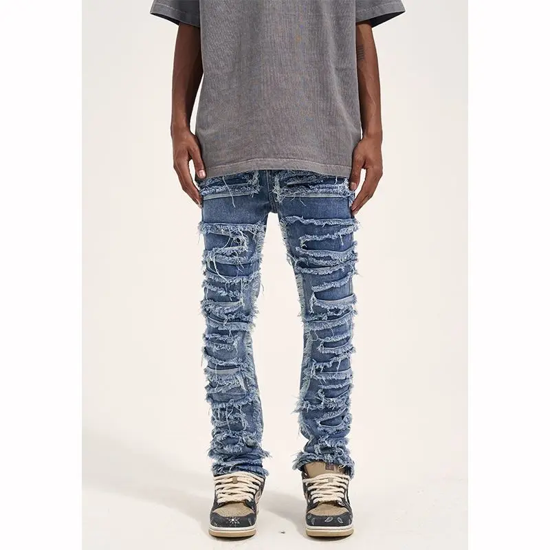 

High Street Hole Ripped Distressed Jeans for Mens Vintage Slim Denim Korean Fashion Hip Hop Design Casual Trousers Streetwear