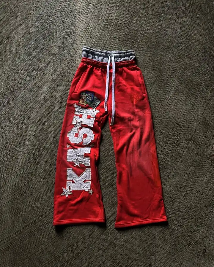 Retro Red Double Layer Sweatpants Y2K Pants Men Hip Hop Letter Patch Embroidered Loose Pants Casual Elastic Waist Jogging Pants