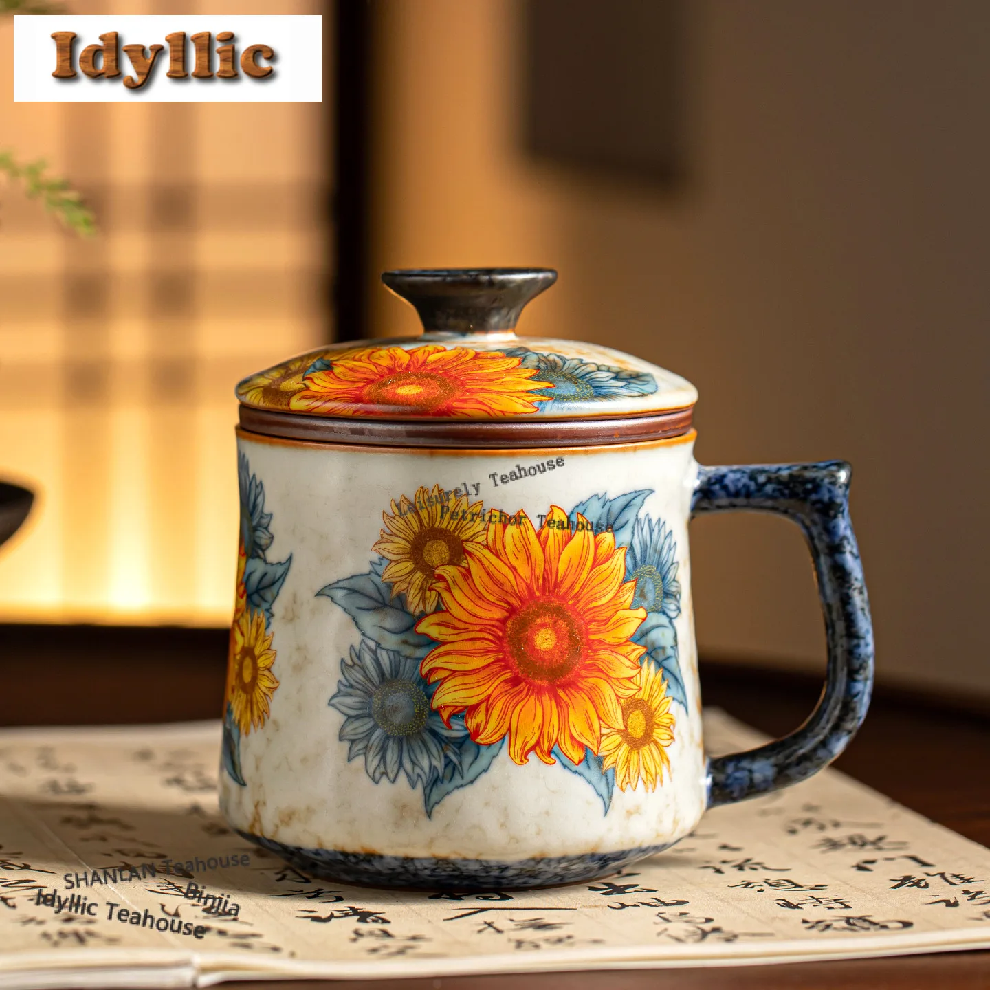 330ml Ru Kiln Caramel Glaze Office Cup Sunflower Tea Separator Cup Zen Tea Mug With Infuser Tea Maker Office Water Cup Crafts