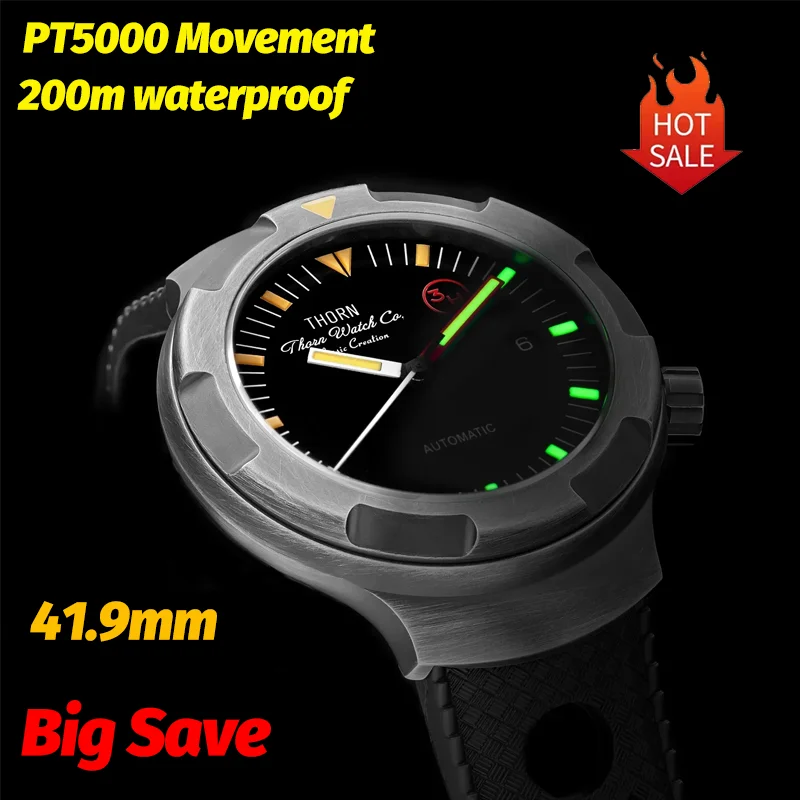 Thorn New T018 Titanium Retro Mens Watch Pt5000 Automatic Watch Fluororubber Strap Sapphire Waterproof Watches Salutes Classic