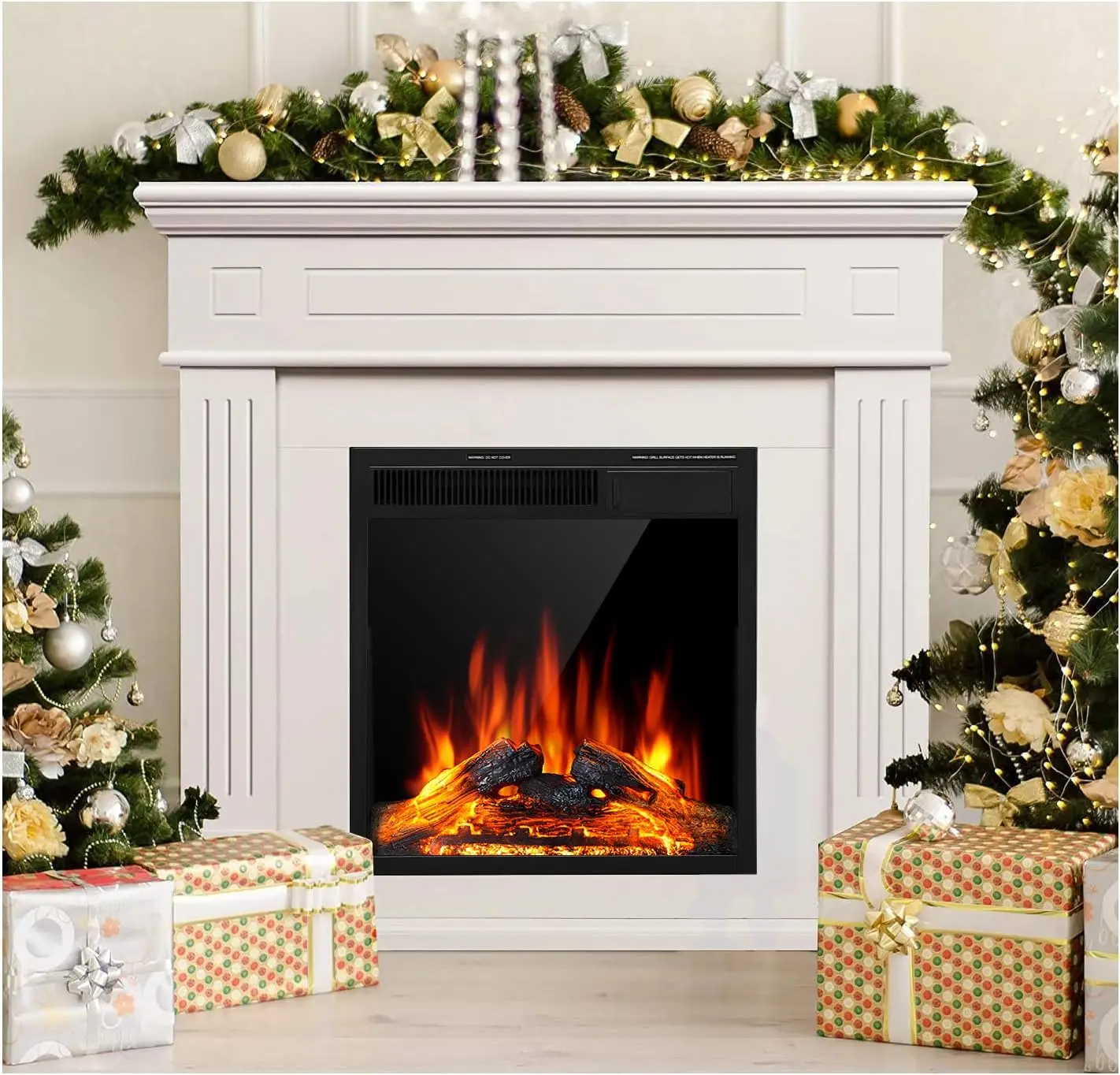 

JAMFLY Electric Fireplace Mantel Package Wooden Surround Firebox TV Stand Free Standing Electric Fireplace Heater with Logs,