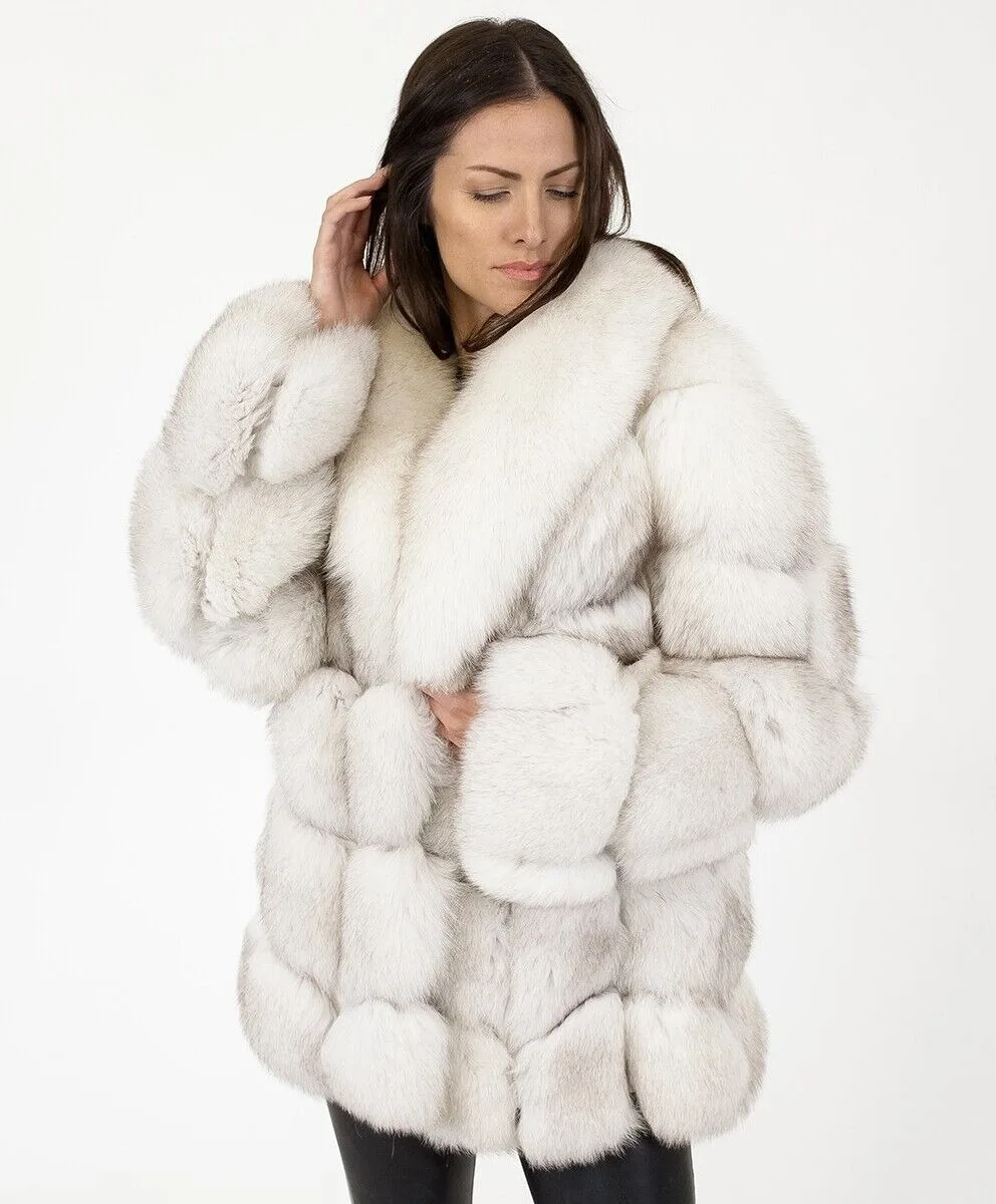 Fashion Real Fox Fur Coat Natural White Animal Furry Outerwear Women Luxury Silver Fox Fur Jacket New Winter Fluffy Collar Cape