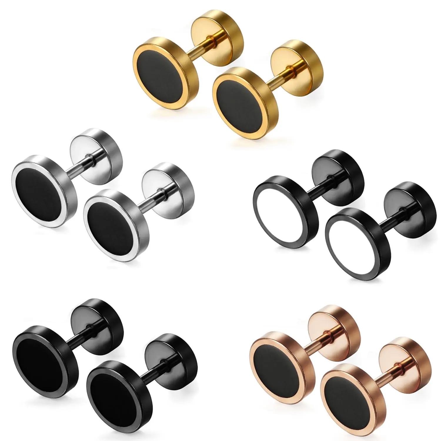 6-12 Pcs Mens Womens Stud Earring Set Stainless Steel Ear Stud Screw Back 8 MM Punk Cool Fake Ear Plugs Earrings Rosegold Black