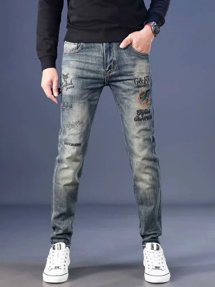 Spring and Autumn Fashionable Trendy Printed Straight Tube Elastic Small Leg Pants for Men's Casual Sports High Quality Jeans
