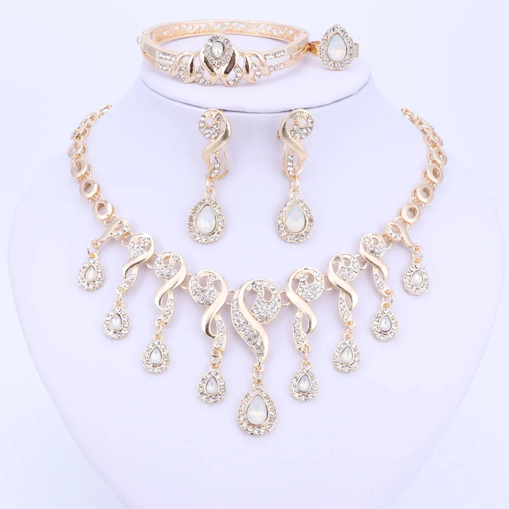 Gold Color Crystal African Beads Jewelry Sets For Women Dress Accessories Wedding Bridal Necklace Earrings Bracelet Ring Sets