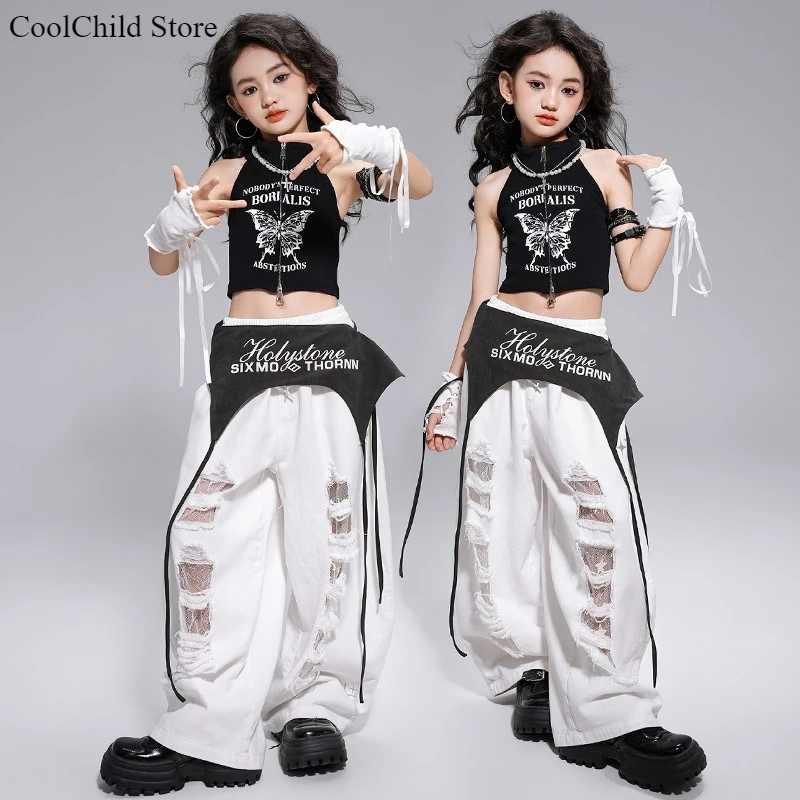 Hip Hop Girls Crop Top Street Dance Ripped Pants Streetwear Children Tank Top Girl Group Stage Costumes Kids K-pop Clothes Sets
