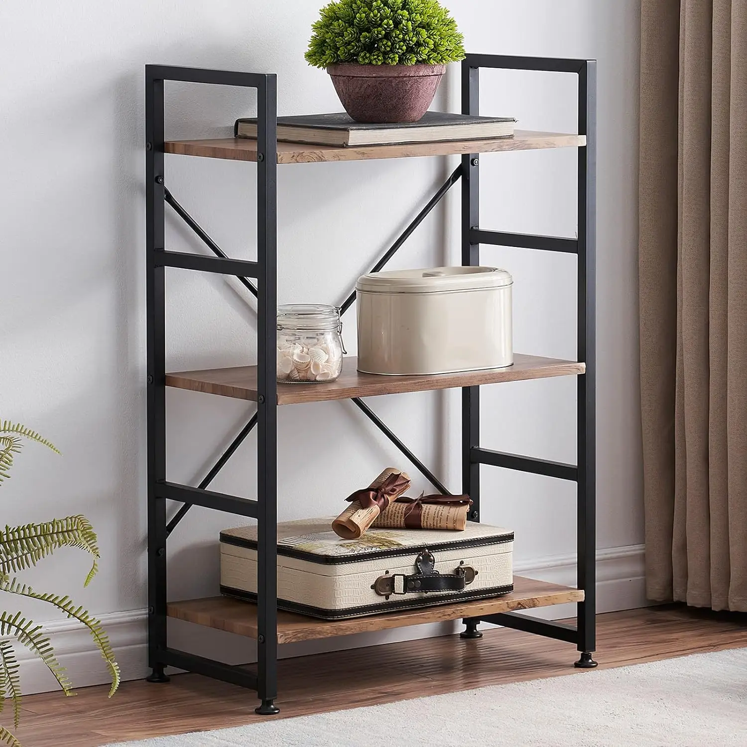 

Bookshelf for Small Space, 3 Tier Wood Book Shelf and Bookcase with Metal Frame, Rustic Standing Unit Shelf Display Rack NEW USA