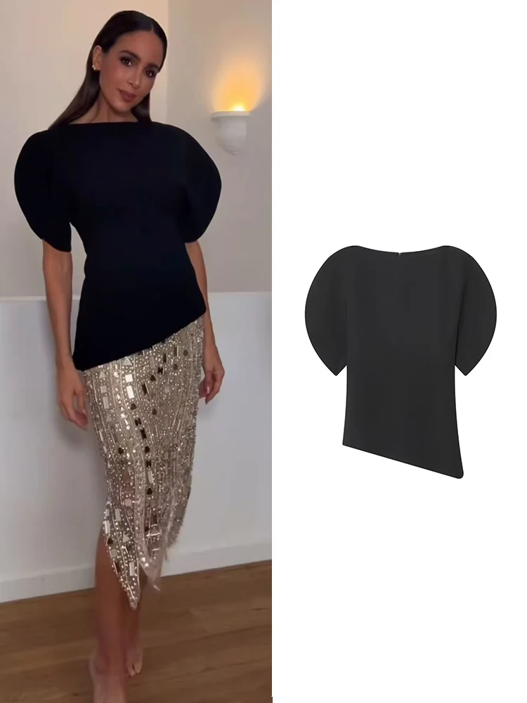 Frauen Casual Kurze Puff Sleeve Top Schwarz Oansatz Asymmetrie Saum High Street Shirts Frühling Sommer Neue Mode Split Top Dame