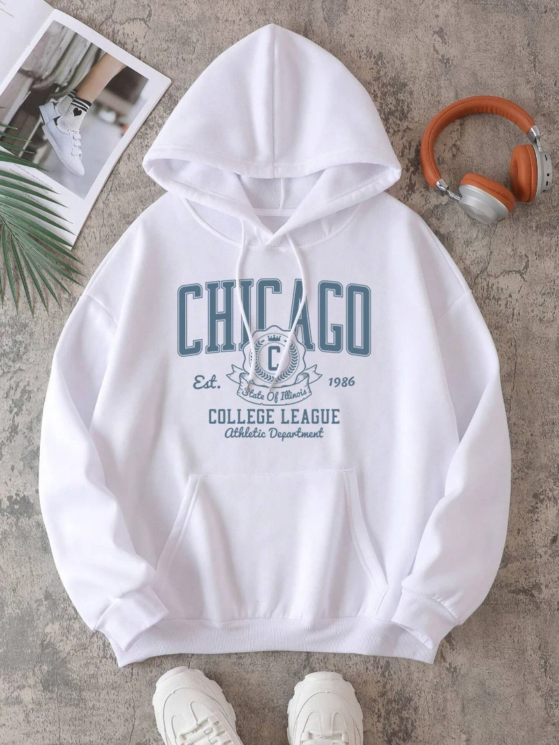 Chicago Hoodie Women College League Letter Printed Sportswear Pocket Loose Fleece Warm Tops Street Comfortable Woman Clothes