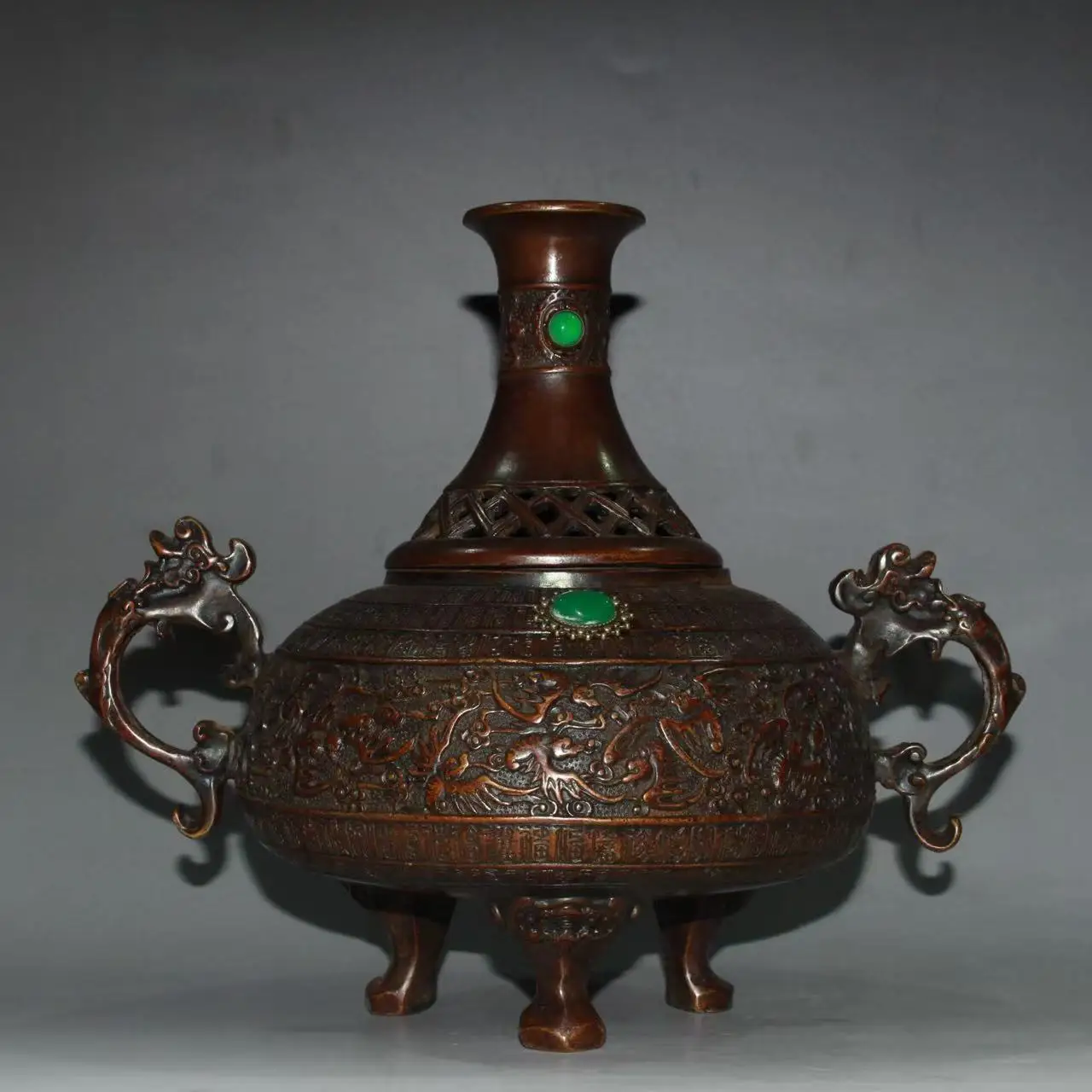 Antique Chinese copper&gem hand-mand bottle censer statue,Handicrafts, best collection&adornment, Free shipping