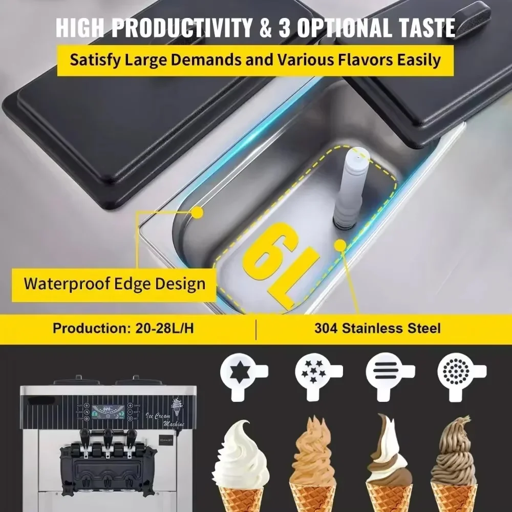 Sihao 2200 W ijsmachine 5,3-7,4 gal/u Soft Serve met LED-display Auto Clean 3 smaken Zoete kegelbevriezingsapparatuur