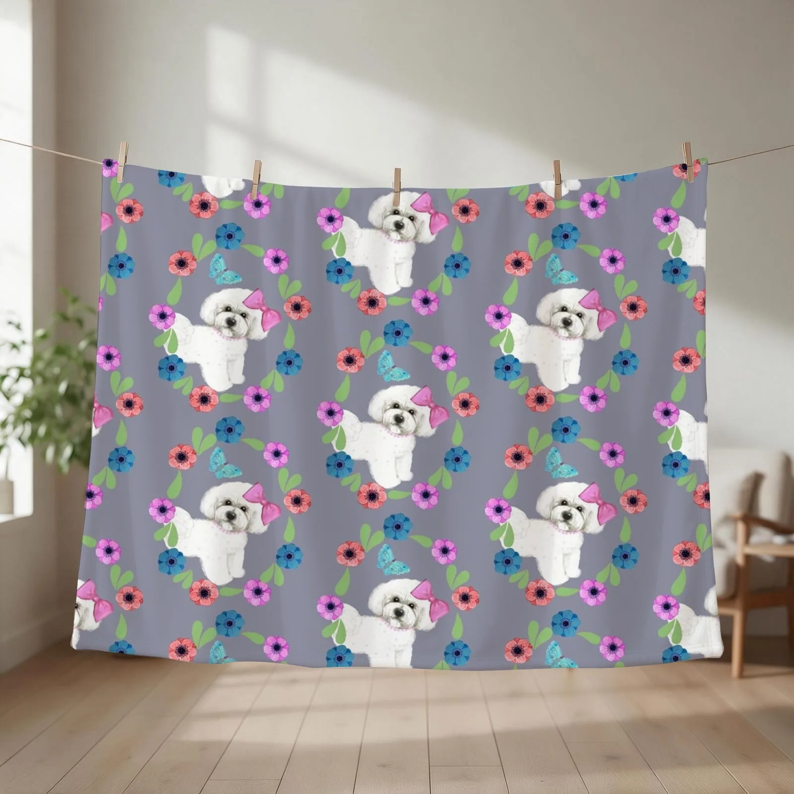 Bichon Frise and Butterflies Throw Blanket couch cozy soft plush fuzzy picnic outdoor blanket