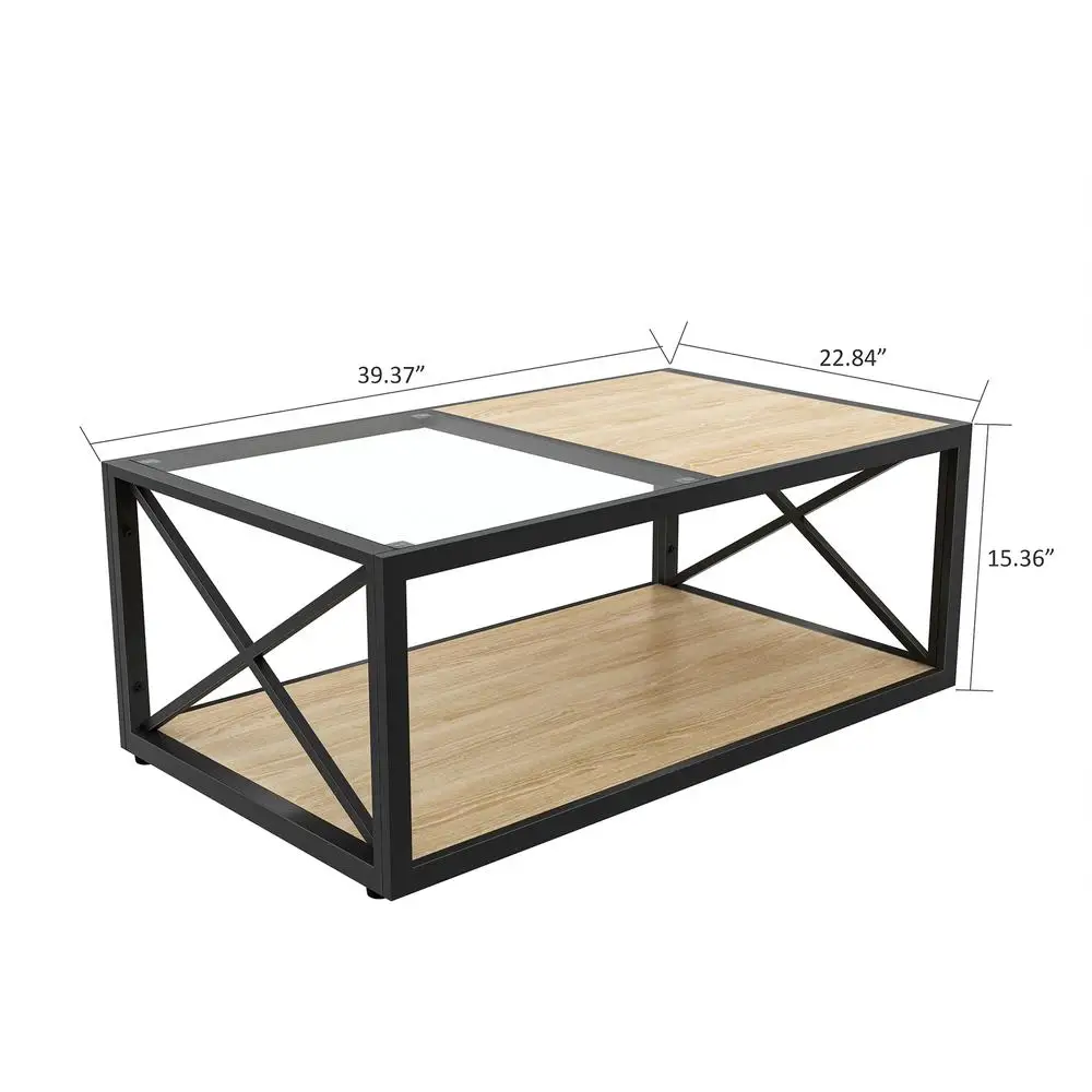 Tavolino moderno in stile industriale con piano in MDF in legno di vetro temperato per soggiorno, camera da letto, struttura a X