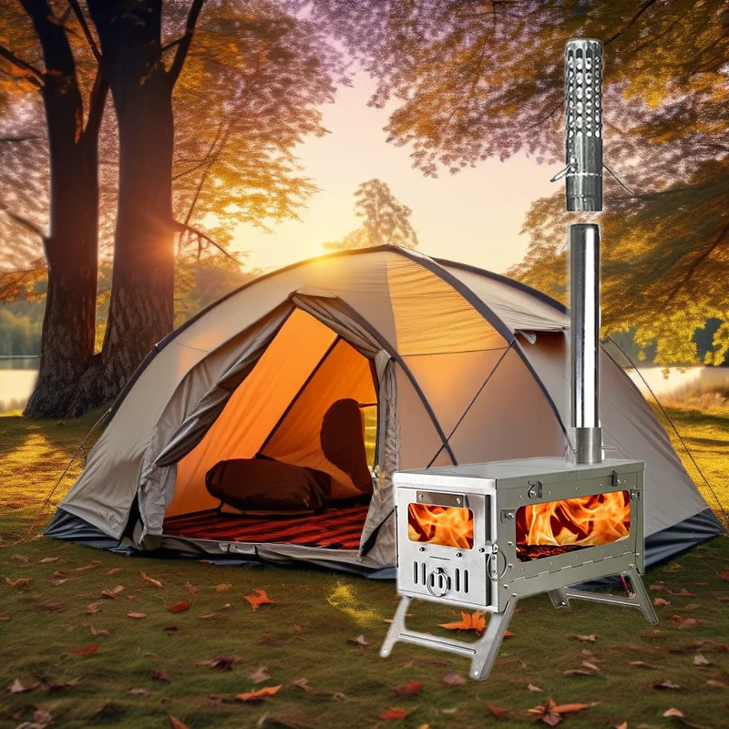 Outdoor Wood Burning Stainless Steel Tent Stove Portable Tabletop Fireplace with Chimney Pipe for Camping Hiking & Fishing