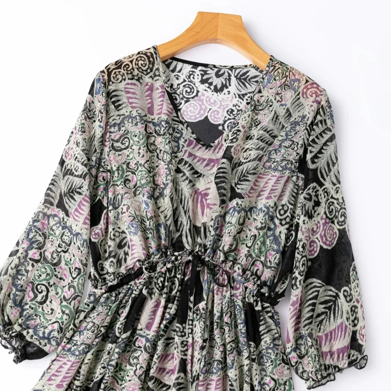BirdTree, 100% Real Silk Print Dress, V-neck 3/4 Sleeve, High-waist, Women Georgette Sheer Dresses, 2026 Autumn New D67516JF