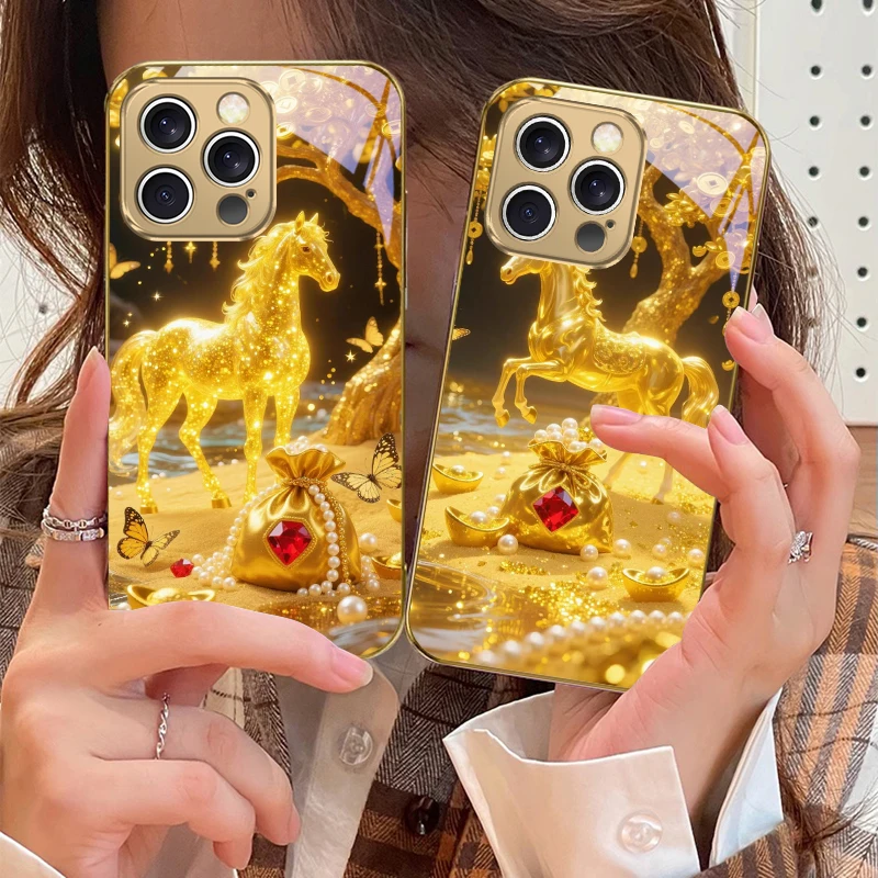 The Golden Fighting Horse For IPhone 16 17Pro Max 15 P ro 14 13 Plus 12 Mini 11Pro Max XR 16E 17 Air Golden glass phone case - Image 4