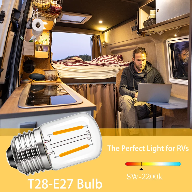 2/6pcs DC12V 24V Low Voltage Vintage Filament LED Bulb T28 Clear Glass E27 1W Bulbs For Motorhome RV Landscape Locomotive Campe