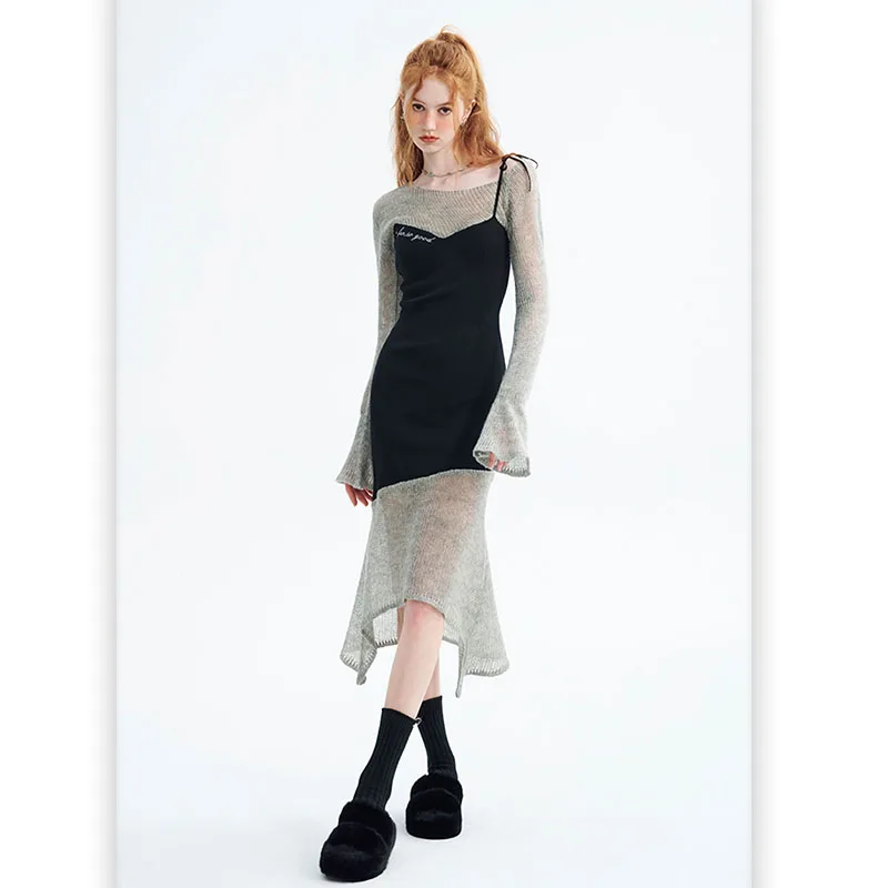 Fashionable Avant-garde Design False Two-piece Patchwork Irregular Fishtail Wool Sling Dress Streetwear Women Clothing Sexy Y2k