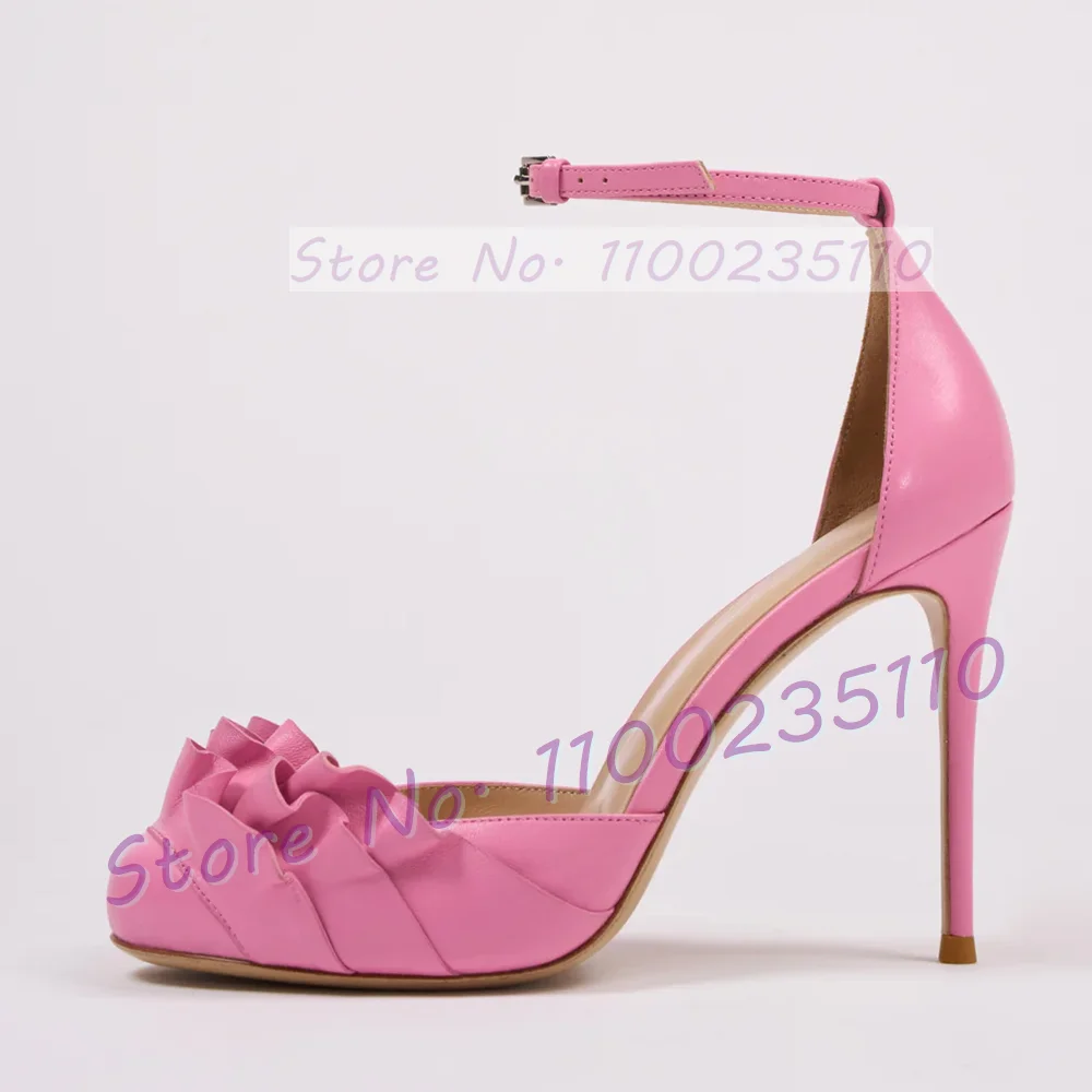 Ruffle Round Toe Cover Heel Sandals Women Fashion High Heels Ankle Strap Party Shoe Ladies Evening Flower Decals Elegant Sandals